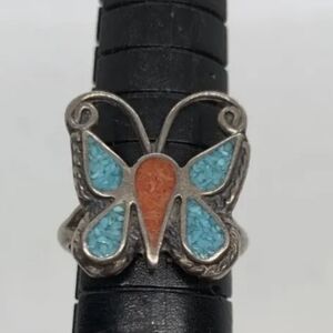 AUTHENTIC STERLING SILVER HANDMADE REAL TURQUOISE  BUTTERFLY RING SIZE SMALL 6